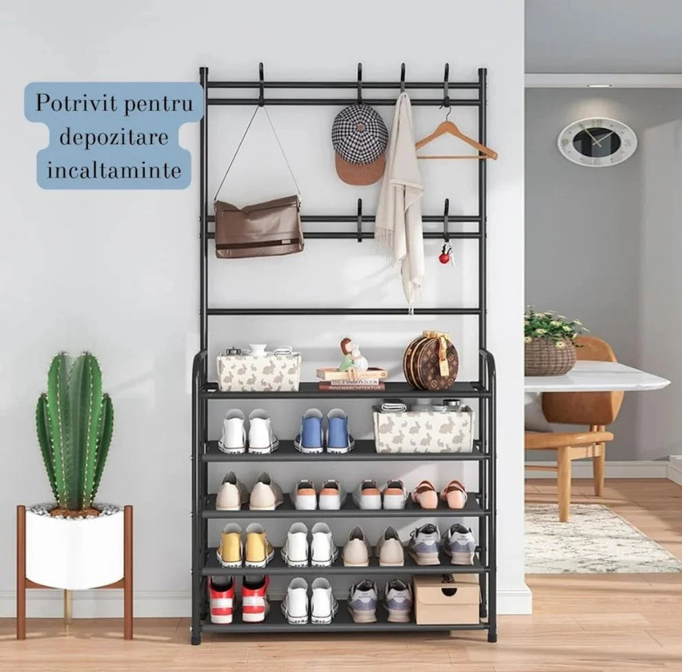 Metal Shoe Hanger 5 Shelves, 60x26x170cm, 2 Clothes Bars, Black