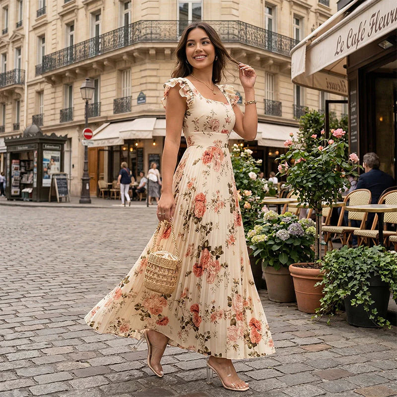 👗🌺 ELEGANT FLORAL PRINT MAXI DRESS WITH PLEATS - 50% OFF! Romantic, flattering & perfect for spring, summer & festive occasions 💫