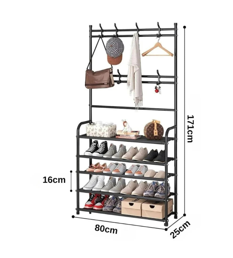 Metal Shoe Hanger 5 Shelves, 60x26x170cm, 2 Clothes Bars, Black