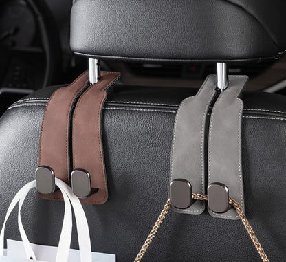2-in-1 Premium Leather Car Headrest Hanger with Metal Hooks (1 Pair)