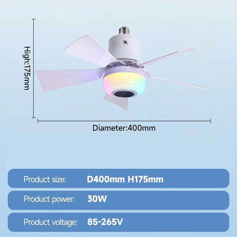 🍃Smart Ceiling Fan with RGB Lighting & Bluetooth Speaker - 3 Levels, Remote Control & E27 Base