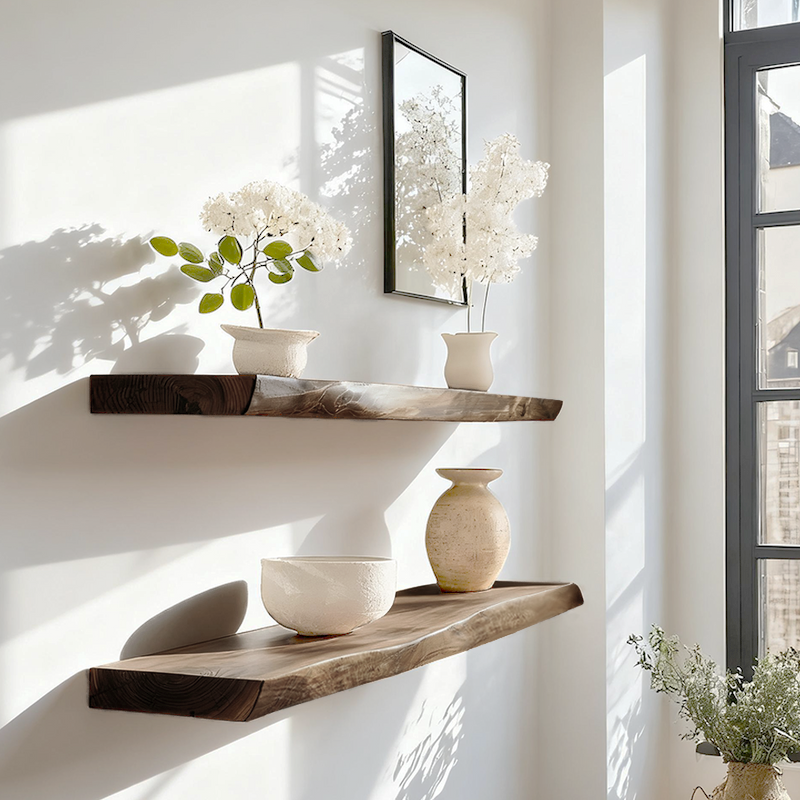 Live Edge Wood Floating Shelf With Hidden Metal Brackets, Wooden Bookshelf, Live Edge Wooden Shelf For Farmhouse Wall Decor
