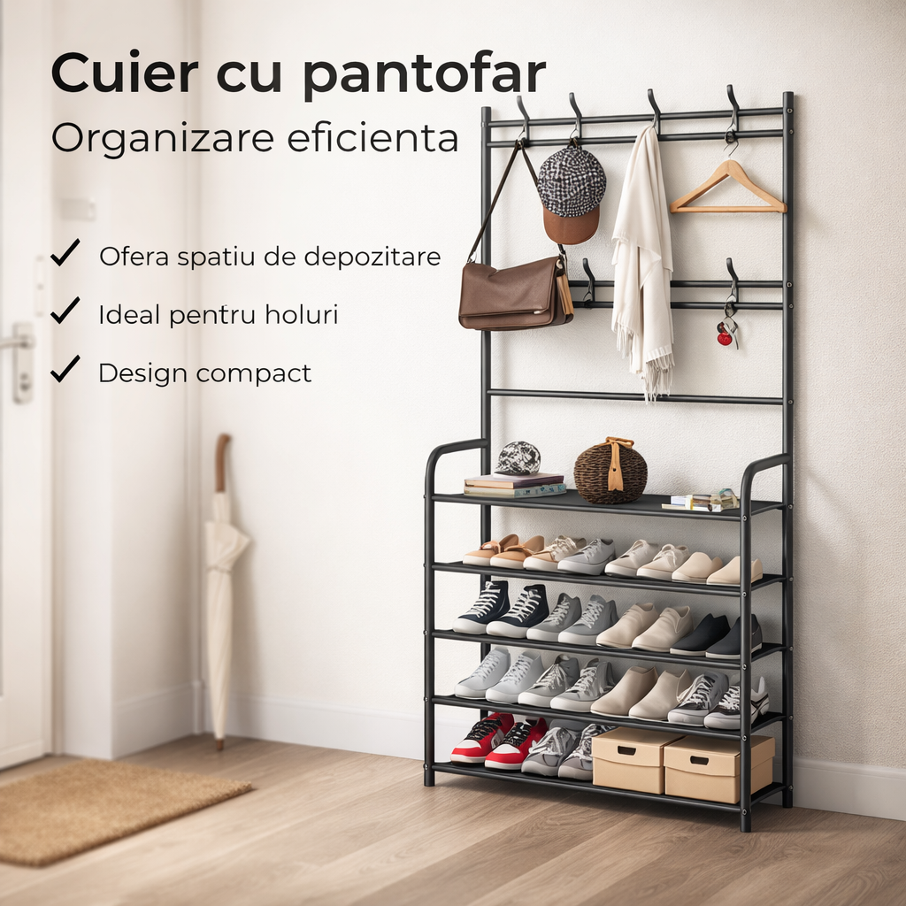 Cuier cu Pantofar Metalic 5 Rafturi, 60x26x170cm, 2 Bare Haine, Negru